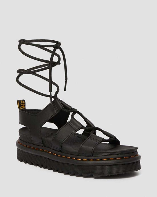 Black Hydro Leather Women's Dr Martens Nartilla Leather Gladiator Sandals | OHEWQIB-37