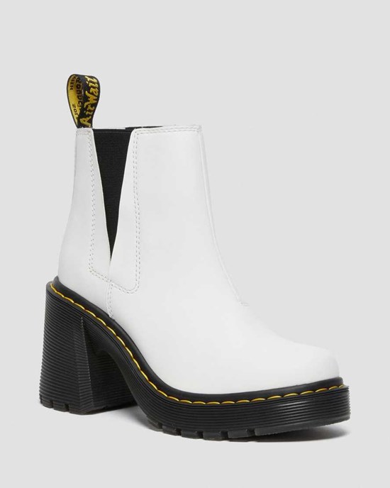 White Sendal Women's Dr Martens Spence Leather Flared Heel Chelsea Boots | FBEGCVP-64
