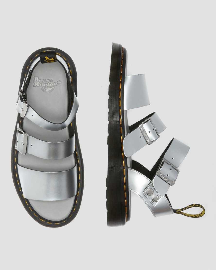 Silver Women's Dr Martens Gryphon Metallic Leather Gladiator Sandals | PNV-079253
