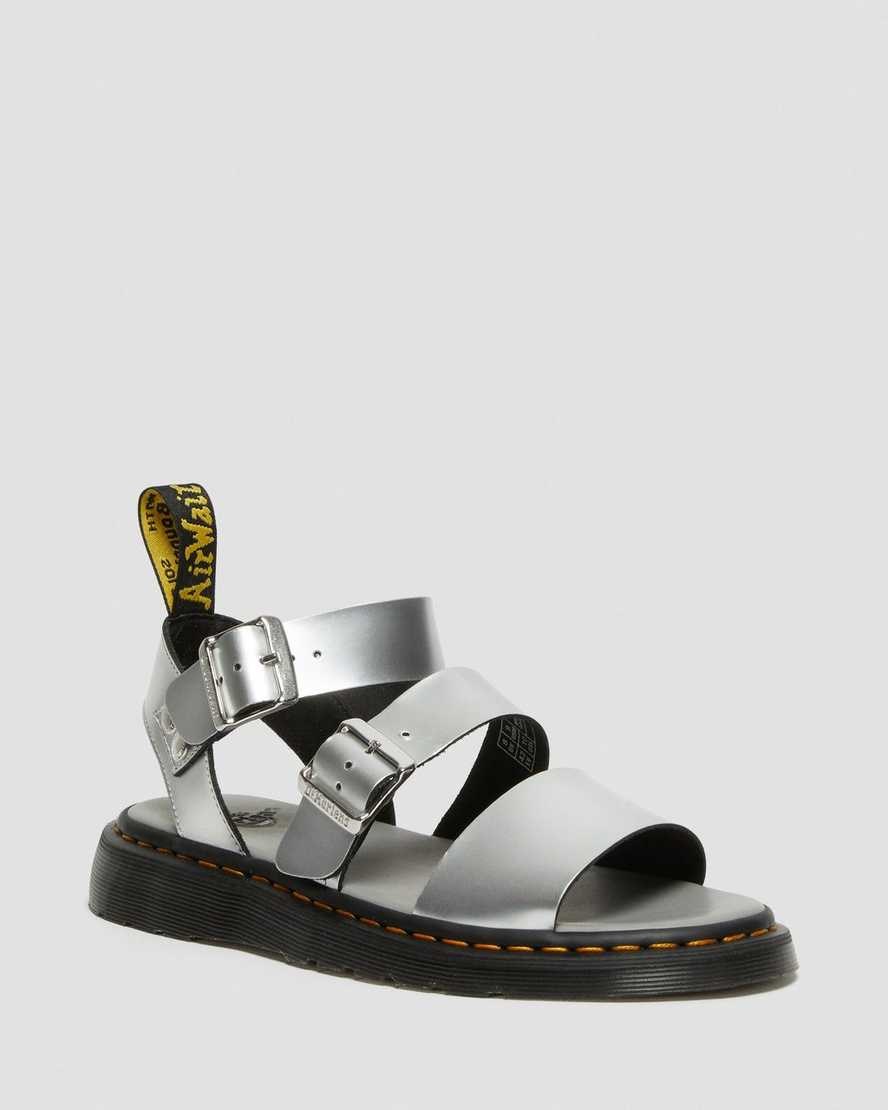 Silver Women\'s Dr Martens Gryphon Metallic Leather Gladiator Sandals | PNV-079253
